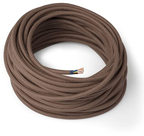 Amarcords - Textilkabel für Lampen BRAUN, rund, Baumwolle, 20 Meter, mit Erdung 3x0,75 - Stoffkabel mit farbigem vintage Stoff überzogen für Kronleuchter, Wandlampen und Lampenschirme