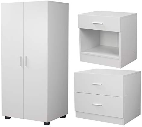 URBNLIVING Orlando 3 Piece Wooden Kids Bedroom Set Wardrobe Chest Cabinet Bedside Table (White)