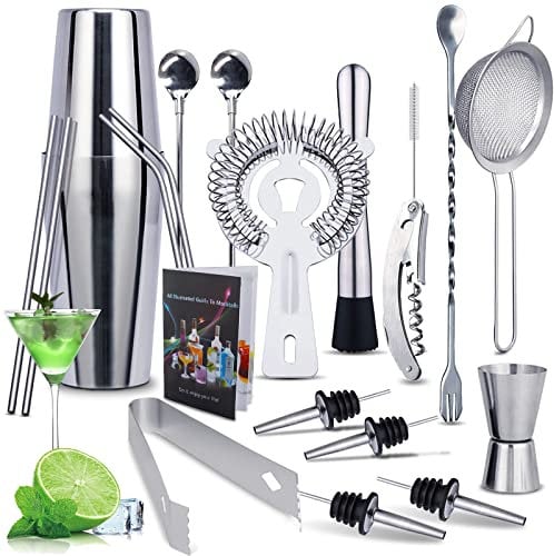 MAISITOO Coctelera,Juego de Mezcla de cócteles,de 20 Piezas para Barman,Cocktail Kit de Acero Inoxidable con Agitadores 750ml,Colador,Manual de cócteles,Bar,Hogar