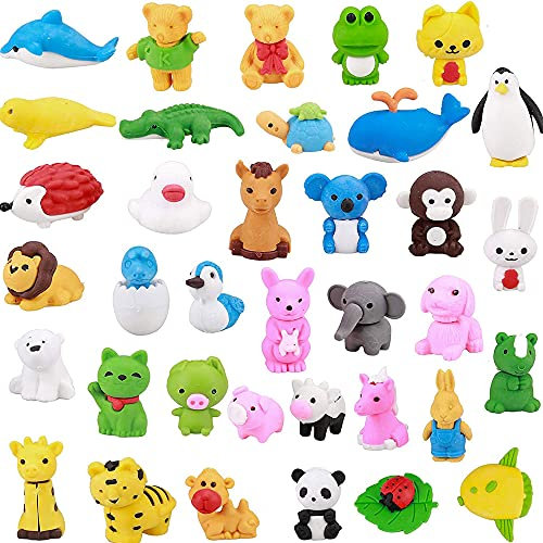 40 Stück Radiergummis mit Cartoon-Motiv, Tier-Radiergummis Set, Zufällige 3D-Mix Tierformen Bleistift-Radiergummis, Packung für Studenten, Geschenkfüllung, Hausaufgaben-Belohnungen