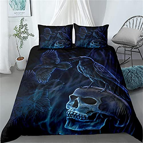 kldby Bettwäsche-Sets 200x200 Krähe und Totenkopf Mikrofaser Bettwäsche Set 3 Teilig, 1 Bettbezüge mit Reißverschluss und 2 Kissenbezug 80x80 cm