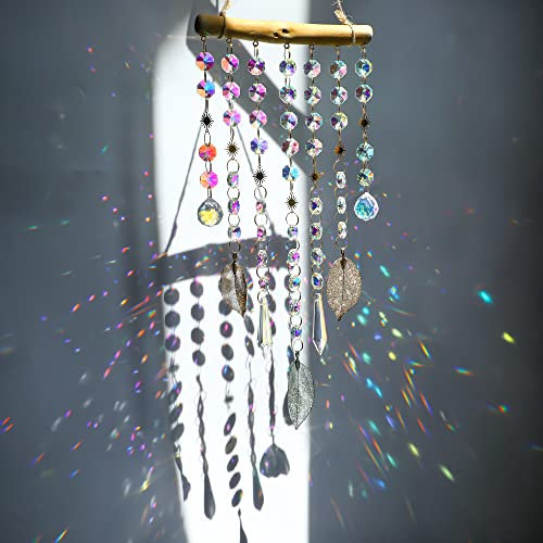 HDCRYSTALGIFTS Hängender Sonnenfänger für Fenster, Regenbogen-Macher, Glas-Kristall, mobiles Windspiel mit AB-Prismen und natürlichen Blättern, Herbst-Wandkunst, Dekoration, Geschenk