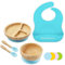 Bimba Bambino ® Premium Weaning Set | Bamboo Suction Plate, Bowl, Two Spoons and Silicone Bib, Sturdy and Safe Non-Toxic Natural Bamboo, Blue