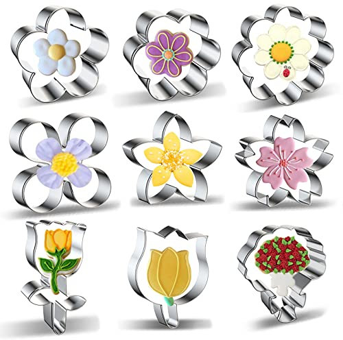Lot de 9 emporte-pièces en forme de fleur, rose, tulipe, lilas, fleur de cerisier, fleur de prunier, frangipanier, marguerite, tournesol, bouquet, bord festonné, emporte-pièces en forme de fleurs