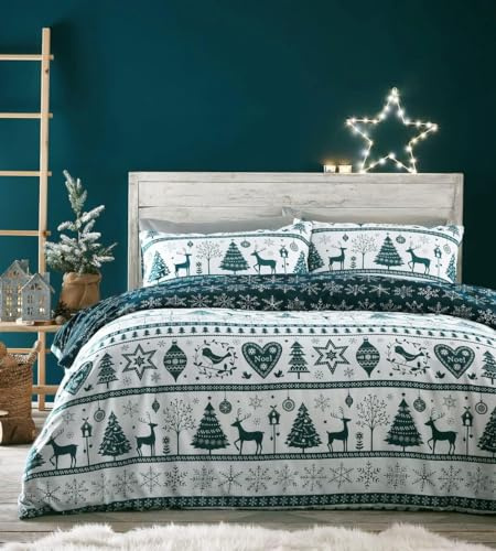 HOMEMAKER BEDDING Christmas Duvet Set Teal White Reindeer Stag Hearts Xmas Trees Festive Quilt Cover (Super King)