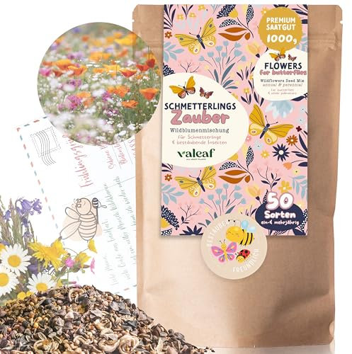 valeaf Schmetterlingswiese I 1000 g I Blumenmischung 1000 m² I Blumenwiese Samen mehrjährig I Wildblumensamen Schmetterlinge u. Bienen I Wildblumensamen mehrjährig winterhart als Wiesenblumen Samen