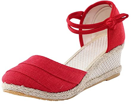 Alueeu Sandalias Mujer Verano 2023 Cuña Comodas Alpargatas Zapatos Casual Hebilla Fiesta Clásica Elegantes con Pala Cerrada Exterior Forrada de Yute Romano Sandalias de Playa, 02 Rojo, 38 EU