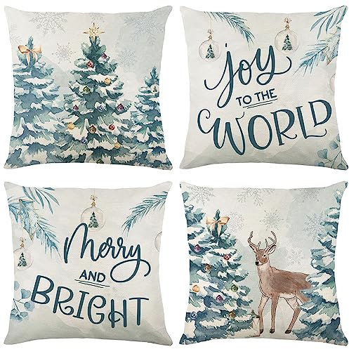 LTDKAEN Weihnachts-Kissenbezüge mit Tannenbäumen, 45 x 45 cm, 4 Stück, Winter-, Aquarell-, Hirsch-, Nadel-, Weihnachtsdeko-Kissenbezüge für Sofa, Schlafzimmer