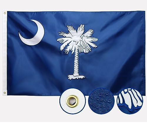 Bandiera dello stato della Carolina del Sud su entrambi i lati, 3 x 5 per esterni, più lunga durata, in nylon 210D, strisce cucite, stella ricamata, occhielli in ottone più forti, 4 orli cuciti,