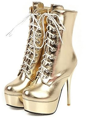 blingqueen Damen Plattform Schnürstiefel Stiletto Stiefel Halbstiefel mit Reißverschluss Gold 41 EU