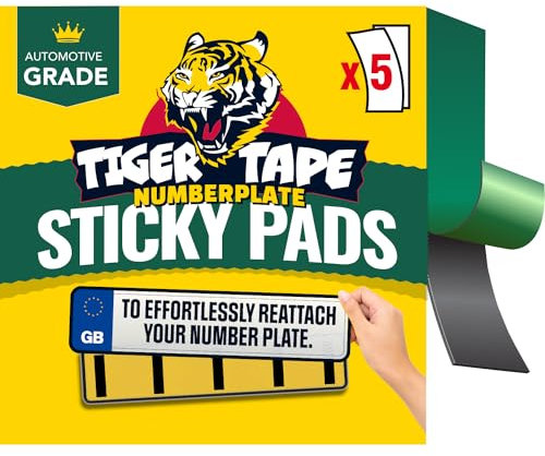 Tiger Tape® Number Plate Sticky Pads. Highway Code Ready, Automotive Grade Car Vehicle Registration Adhesive | No drilling required, 1 Pack covers 1 UK license plate. 5 Pre-Cut Strips