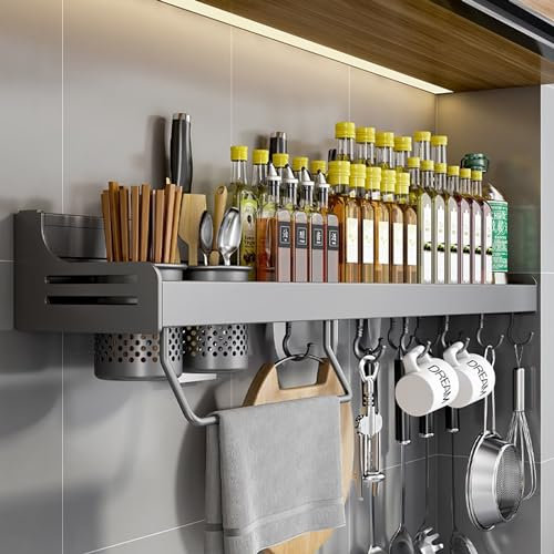 COITROZR Gewürzregal,Küchenregal Wand ohne Bohren,Gewürzregal Hängend Mit 10 Haken & 2 Hängebecher Anhebbares,Küchen Organizer Wandregal Regal,küchenutensilienhalter,80cm Grau