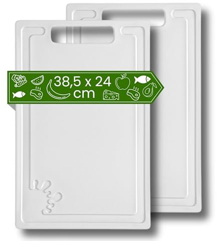 Schneidebrett Kunststoff (2er Set - 38,5 x 24 cm Groß - Weiß) - Spülmaschinenfest - Schneidebretter Rutschfest - Küchenbrett mit Anti-Rutsch - Schneidbrett mit Saftrille