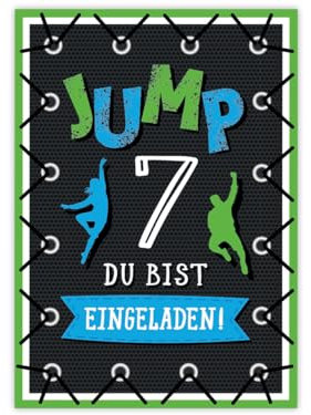Minkocards 12 Einladungskarten zum 7. Kindergeburtstag Junge Mädchen Jump Trampolin Einladungen siebte Geburtstag