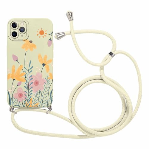 Foonary Handykette Handyhülle für Apple iPhone 11 Pro Max 6,5, Aesthetic Muster Hülle mit Band Kette Case, Silikon Schutzhülle Cover mit Schnur Kordel zum Umhängen für iPhone 11 Pro Max, Blumen 01