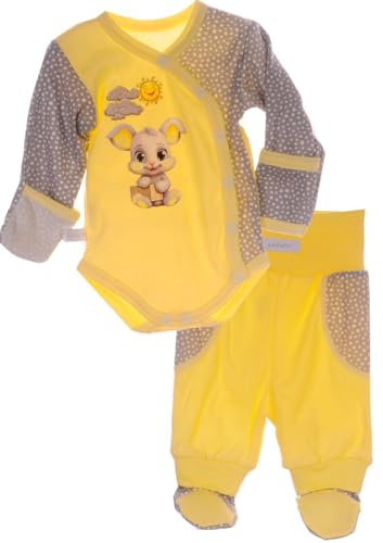La Bortini Body & Hose Wickelbody mit Kratzschutz und Schlupfhose Baby Anzug 2tlg Set Body 44 50 56 62 68 74 80 86 (gelb, 56-62)