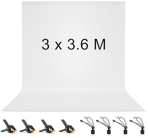 Vevelux Fotografie-Hintergrund 3 x 3,6 M, Foto Hintergrund aus 100% Polyester mit 4 große Studio Klemmen & 4 Tarp Clip, Weiß Screen für Fotostudio, Video und Fernsehen