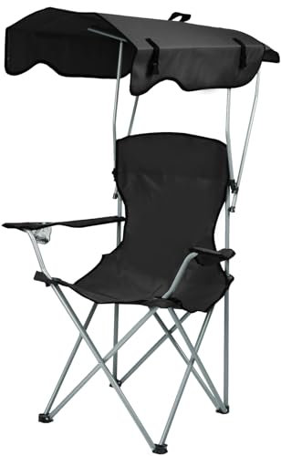 OHMG Chaise de Camping Pliante avec Accoudoirs, Pare-Soleil,Porte-gobelet et Sacs de Transport avec Auvent D'ombrage,Fauteuil de Camping pour Plage Pêche en Plein air,Fauteuil de Plage Pliable (Noir)