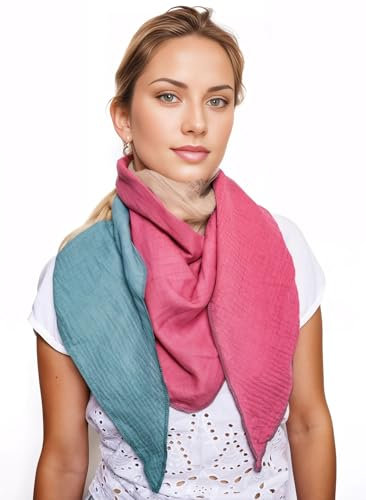 Scandi Linen Unglaublich Weich Musselin Tuch Damen, Musselin Halstuch Damen (Grün-Beige-Mauve)