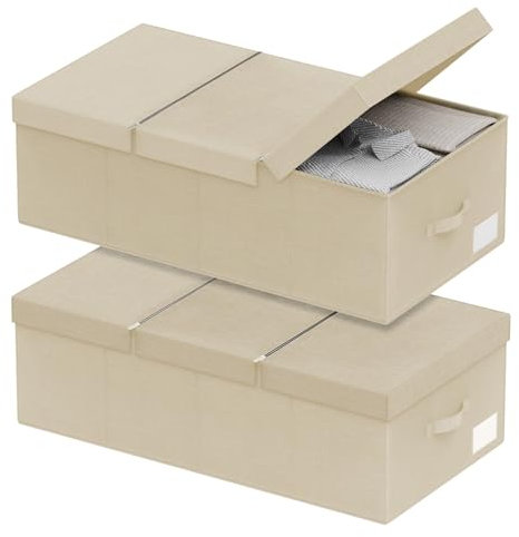 QIGEEKU Unterbett Aufbewahrungsbox, 2 Stück Faltbarer Unterbettkommode mit Deckel, Bettkasten Aufbewahrung mit Griffen Für Decken, Kleidung, Steppdecken, Spielzeug, Schuhe (Beige)