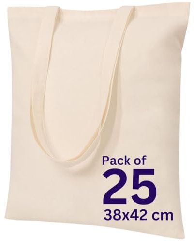 MINIMARG 100% Cotton Canvas Bags for Grocery, Plain Tote Bags to Decorate, eco-friendly Canvas Reusable blank Tote Bags made with Premium Quality Fabric - Size 38x42cm+65cm long Handle (25, Natural)