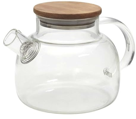 HOME DECO FACTORY, KA0095, Théière en Verre 90Cl avec Couvercle en Acacia, Design élégant pour thé, café et infusions, idéale pour apéritifs et Moments conviviaux, Marron, Transparent