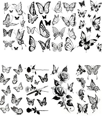 KGDUYC 8 feuilles de grands tatouages temporaires papillons noirs - Autocollants imperméables pour adultes, faux réalistes Autocollants peau papillon tatouages pour femmes et hommes (noir)