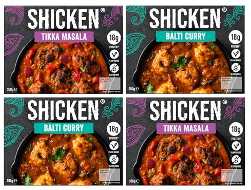 SHICKEN Medium Curry Box with 2 x SHICKEN Tikka Masala Curry & 2 x SHICKEN Balti Curry (350g each) | Plant Based Indian Ready Meals for Two | Chef Made Vegan Curry | Just Add Sundries!