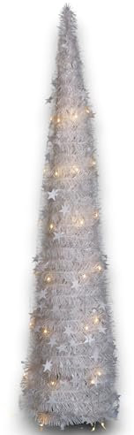 Albero di Natale Bianco Slim Richiudibile Pop-UP 90 cm TINSEL con Luci Led per esterno incluse Base a Croce in Metallo Decorazioni Natalizie Ø 33 cm conico (150 cm - 90 led)
