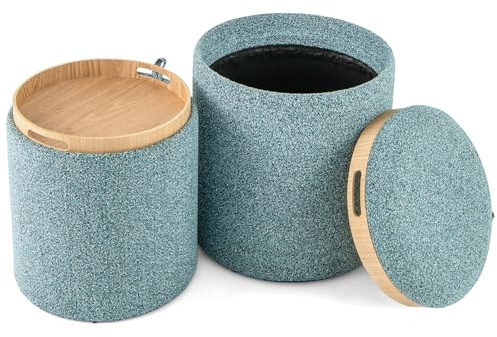 GIANTEX Juego de 2 Taburetes Redondos con Espacio de Almacenamiento 25L+41L, Otomanas Acolchadas con Bandeja/Tapa Reversible, Reposapiés Multifuncional para Entrada, Salón (Azul)
