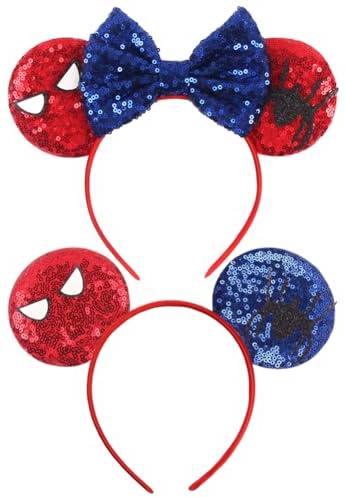 Lot de 2 bandeaux à paillettes avec oreilles de souris et araignée - Rouge et bleu - Nœuds brillants à paillettes - Pour enfants - Décorations de fête princesse pour filles
