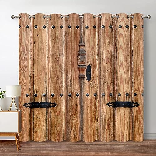 Lot de 2 rideaux occultants en bois rustique avec porte de grange - Rideaux transparents pour chambre à coucher, salon - 2 x 80 x 210 cm