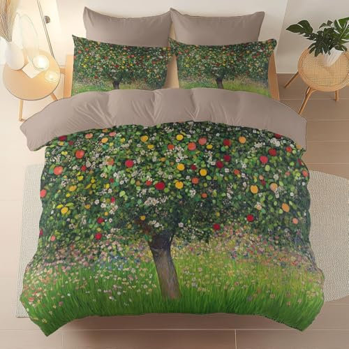 Duvet Cover Set Reversible Farmhouse Flowers Apple Tree Theme King Size (90 x 87), Ultra Soft Microfiber Quilt Cover Zipper Closure 3Pcs with 2 Pillowcases 20 x 30, Summer Bedding Sets Khaki