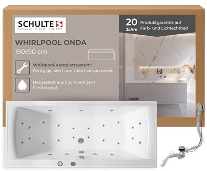 Schulte Whirlpool Badewanne Onda Komplettsystem, 190x90 cm, mit Massage- & Luftsystem, LED-Farbwechsel, Jet- & Luftdüsen, Trockenlaufschutz aus hochwertigem Acryl in Weiß glänzend