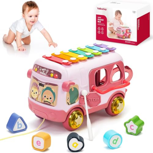 Toys Gifts for 1 Year Old Girls, Musical Sensory Bus with Xylophone Pink | Shape Sorter, Pull Along Toy, Baby Girl Birthday Chirstmas Present 12 18 Months