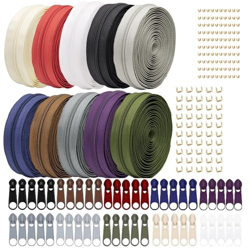 Dulynva Cerniera Lampo Lunga 30 M 10 Colori Set di Cerniere per Tessuti in Nylon da 2.6 cm con Cursori e Finale per Giubbotti Abbigliamento Borse Astucci Biancheria da Letto