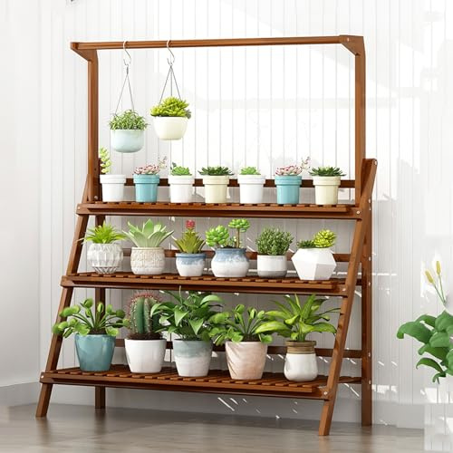 Labasuan 3-stufiger Pflanzenständer aus Bambus mit Aufhängevorrichtung, Leiter-Pflanzenregal, faltbares Blumenregal für Wohnzimmer, Ecke, Terrasse, Garten, Balkon(100cm)