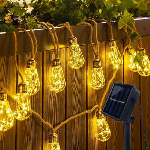 ENLACE Solar Lichterkette Aussen Mit 10 Glühbirnen, 3,5M Lichterketten Außen Wetterfest, 8 Modi Vintage Solarlichterketten mit Hanfseil, Solarlichterketten für Garten, Party, Balkon, Hof, Hochzeit