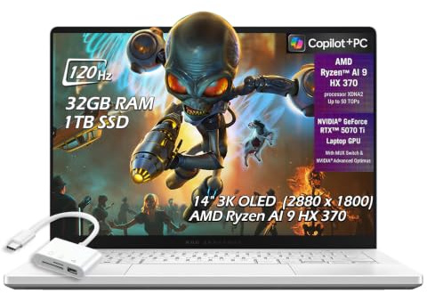 ASUS ROG Zephyrus G14 14 3K OLED 120Hz OLED Copilot+ Gaming Laptop, AMD Ryzen AI 9 HX 370, 32GB RAM, 1TB SSD, NVIDIA GeForce RTX 5070 Ti 12GB, WiFi7, Win11, Platinum White, w/USB Hub, W/GaLiMu