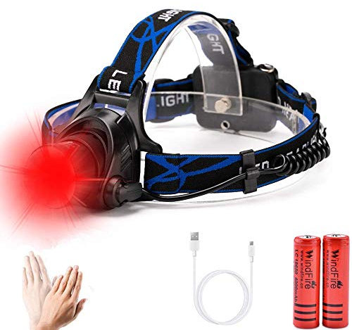 WINDFIRE Stirnlampe Rotlicht LED, Wiederaufladbarer USB Bewegungssensor Stirnlampe mit Rotem Licht Wasserdichter, Leichter Kopflampe für Camping, Laufen, Wandern, Batterien Inbegriffen