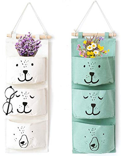 2 pcs Wand Hängen Tasche,Hängender Organizer mit 3 Taschen,Hängende Tasche für Kinder,Badezimmer Hängende Tasche,Baby hängende Tasche,Stoff hängende Tasche,Faltbare Hängetasche(Weiß und Grün)