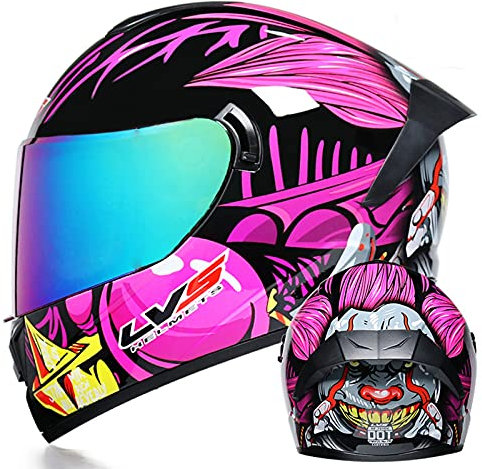 Herren und Damen Integralhelm Motorrad DOT Approved Motorrad Moped Street Bike Racing Sturzhelm, Herren und Damen mit grafischer Anti-Fog Doppel-Sonnenblende,Pink clown c,M 57~58cm
