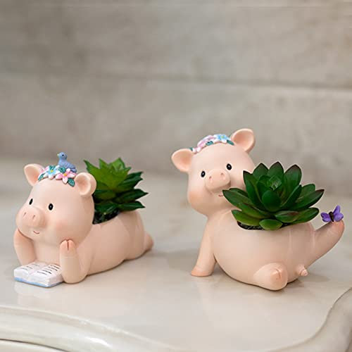 Ddewing Lot de 2 pots de fleurs en résine pour plantes grasses, jolis pots de fleurs en forme d'animal de dessin animé pour plantes d'intérieur, mini pot de fleurs en forme de cochon pour plantes