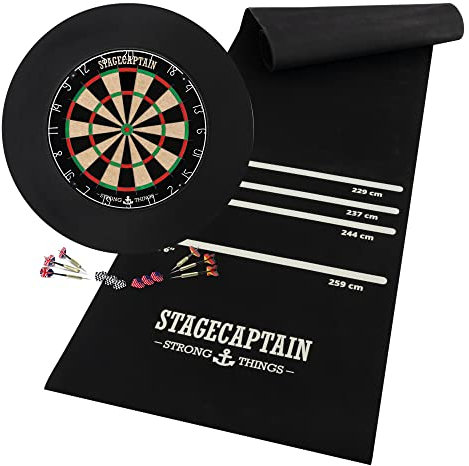 Stagecaptain DBS-1715 Bullseye Pro Dartscheibe mit Pfeilen - Profi Steeldartscheibe aus Sisal mit 6 Dartpfeilen und 4 Sets Flights - Dartboard mit dünnen Drähten - Set inkl. Dartmatte und Surround