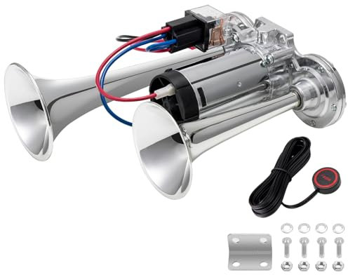 12V LKW Hupe Luft Horn, Super Laut Doppelrohr Lufthorn Elektrische Auto Air Horn-Kit für Alle Fahrzeuge LKW Lörries Züge Boote Cars Vans Motorrad, Chrom Zink Silber