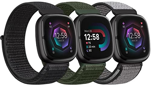 Bcuckood Nylon Armband kompatibel mit Fitbit Versa 4/Sense 2/Versa 3/Sense Damen Herren Weiches atmungsaktives Nylon Uhrenarmband Sport Solo Schleife Ersatzarmband