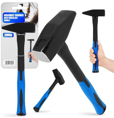 Schlosserhammer mit Fiberglasstiel Hammer 2000g Schlosser Fäustel Glasfaserstiel Ingenieurhammer Montagehammer Schlosser-Werkzeug Ergonomischer Griff Antirutsch Gummi Stahl Hammerkopf Stahlkopf