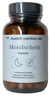 Mondschein Schlafkapseln mit 5 pflanzlichen Extrakten & Melatonin - Hochkonzentrierte Vegane Rezeptur mit Baldrian, Hopfen, Lavendel & mehr - Laborgeprüfte Qualität - 60 Kapseln für 2 Monate