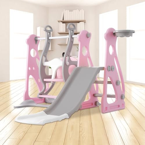 Toboggan 4 en 1 pour enfant à partir de 1 an, aire de jeux pour enfants avec toboggan, cages d'escalier, balançoire et cadre de basket, toboggan pour bébé (rose)