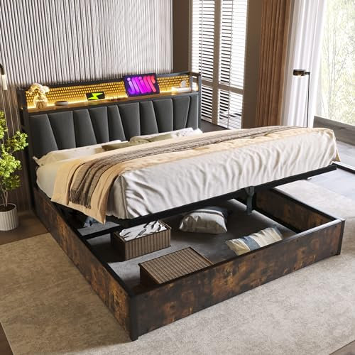 Polsterbett 140x200cm, Hydraulisch Doppelbett mit Stauraum und Lattenrost, LED Kopfteil mit USB Ladefunktion, Stauraumbett Metallbett Jugendbett Bettgestell, Leinen (Grau, Ohne Matratze, 140x200cm)